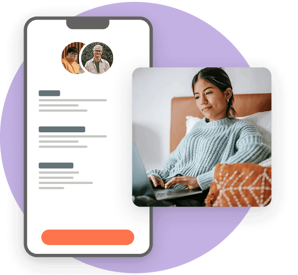 The Chronus mobile app beside a young woman working on her laptop at home