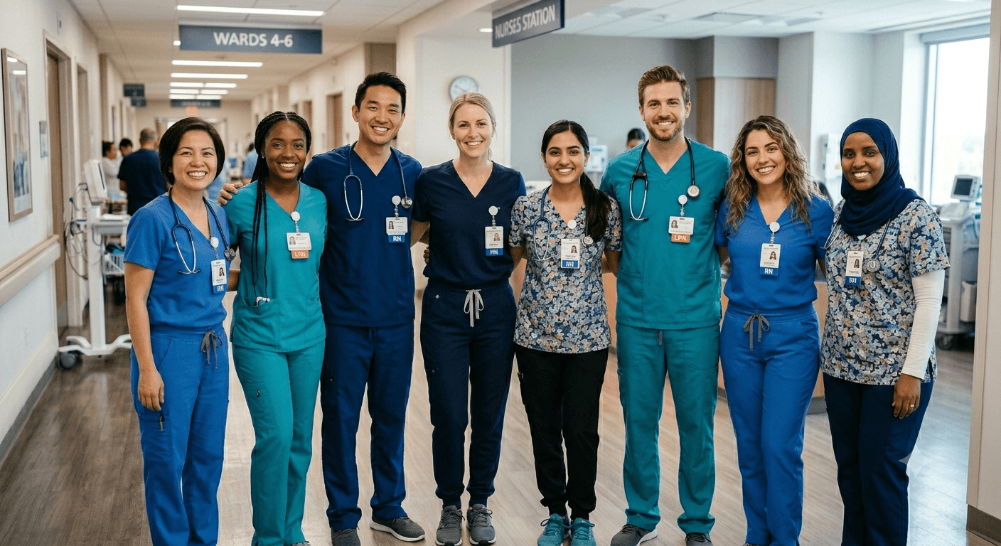 Diverse group of smiling nurses in a hospital corridor