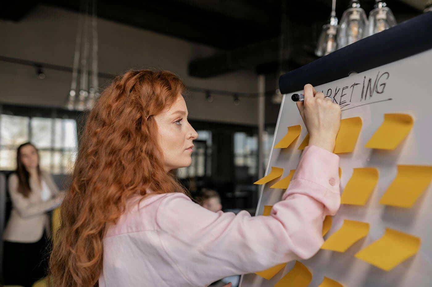 Employee mapping out a development plan on a flip chart