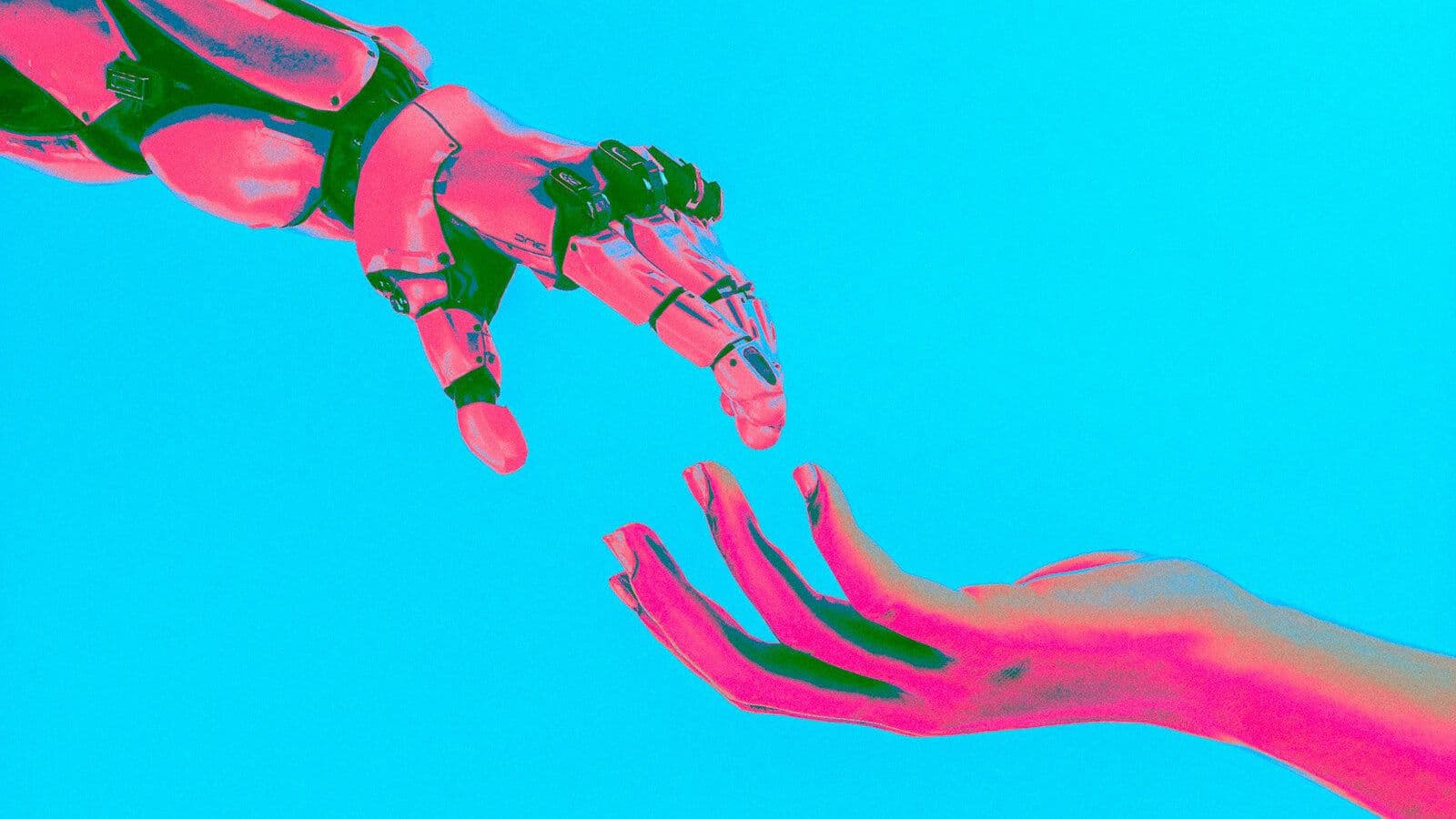 AI robot touching hands with hand hand